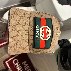 Gucci Tan Monogram Cap with Red and Green Stripe